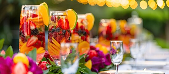 A table covered with a variety of glasses, each filled with fresh fruit juices and garnished with vibrant fruit pieces, creating a colorful and refreshing display.