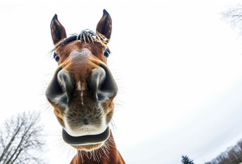 Funny muzzle of a foal close-up. Wide angle portrait.