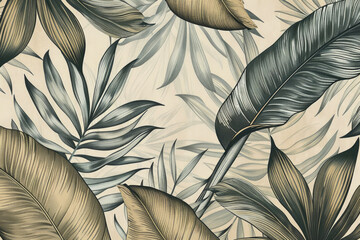 Vintage botanical illustration of tropical leaves, boho style wallpaper