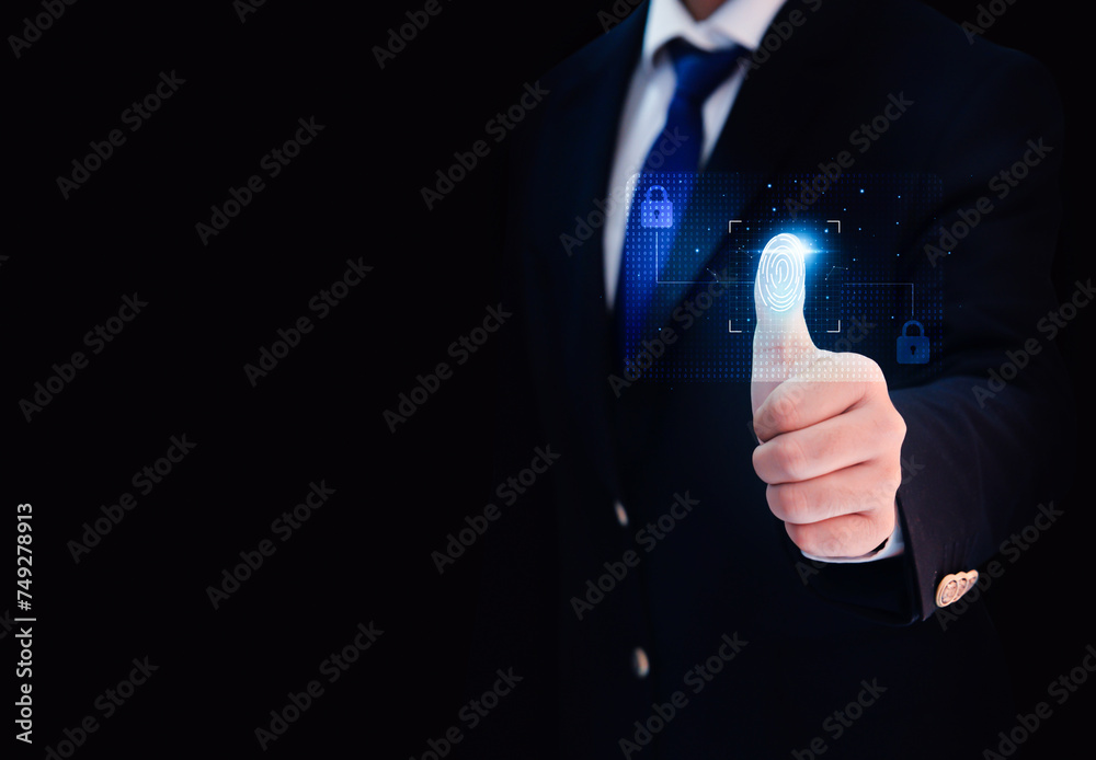 Poster biometric verification concept background with man touching on the screen with thumb. empty copy spa