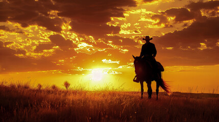 A cowboy riding a horse in a field at sunset