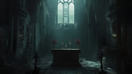 Altar in a dark gloomy Catholic cathedral, surrounded by shadows, casting an eerie and somber atmosphere