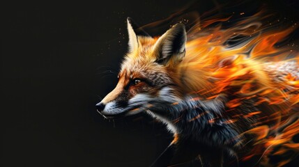 Predatory fox wild animal, beast isolated black background. Power of blazing fire flame. Generative ai.