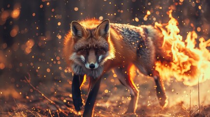 Fototapeta premium Predatory fox wild animal, beast isolated black background. Power of blazing fire flame. Generative ai.