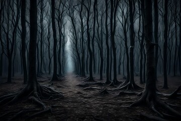 dark forest in the night fog