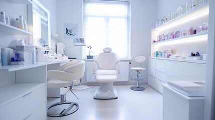 Modern beauty clinic interior with a white treatment chair, shelves with skincare products, a large mirror, framed artwork, and a peaceful, clean ambiance