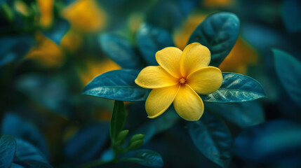 A yellow flower is in a green leafy plant