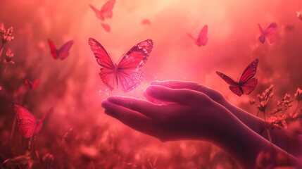 Fantasy scene two hands gently hold a burst of energy from which butterflies emerge, all enveloped in a mystical pink haze