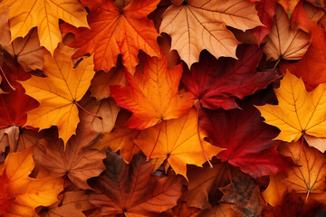 Naklejka na ściany i meble Autumn leaves background, orange, yellow, red, stacked on top of each other. Neatly used for designing wallpapers with space for text. Give a feeling of change, maple leaf colourful pattern nature