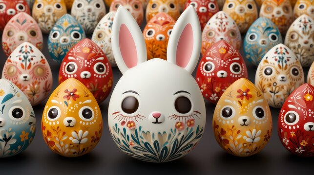 Painted eggs with big ears in form of rabbits faces, holiday easter celebration concept