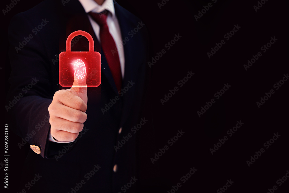 Poster secure biometric verification concept with red glowing lock and thumb print on it, technology backdr