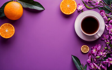 Lilac violet flowers, cup of tea, coffee and oranges , purple hues, health care, spa,tranquil...