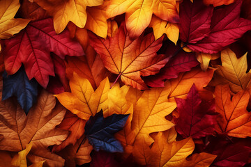 Naklejka na ściany i meble Autumn leaves background, orange, yellow, red, stacked on top of each other. Neatly used for designing wallpapers with space for text. Give a feeling of change, maple leaf colourful pattern nature