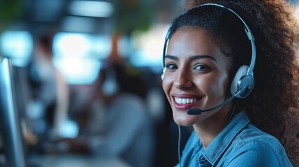 Woman working in call center, wearing headphones, happy smile. Technical support, hotline. Businesswoman call center agent looking at camera posing in customer service support office