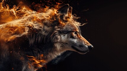 Predatory wolf wild animal, beast isolated black background. Power of blazing fire flame. Generative ai.