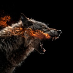 Predatory wolf wild animal, beast isolated black background. Power of blazing fire flame. Generative ai.