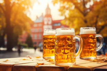 glass mugs with beer, Oktoberfest beer festival. a low-alcohol drink. - obrazy, fototapety, plakaty