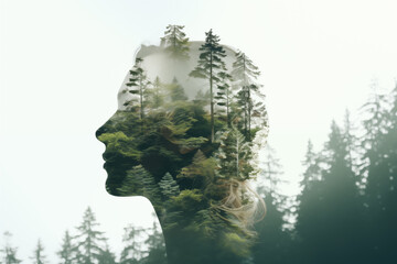 Double exposure of a woman's head with forest landscape in the background. woman with visible in the foggy water at sunset  Conservation of resources and environment
