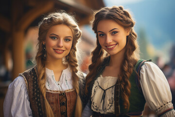 Fototapeta premium Two female Bavarians in Dirndl attire celebrate the Oktoberfest beer festival.