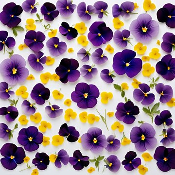 A floral wallpaper of white background with purple and yellow pansies flowers 
