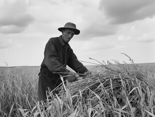 Naklejka na ściany i meble Vintage Harvester in Wheat Field