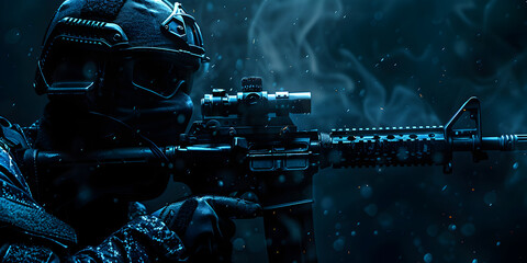 Stealthy Shooter Aiming in Darkness,The Night Watch Target in the Crosshairs. - obrazy, fototapety, plakaty