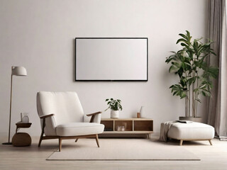 Mockup a TV wall mounted with armchair in living room with a white wall. 