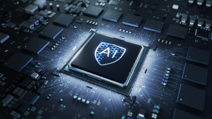 Dynamic Close-up of Laser Engraving on AI Accelerated Cyber Security Chip. Laser Engraves Shield Symbol on CPU Microchip Surface. Next Generation Cloud and Artificial Intelligence Solution - Powered by Adobe