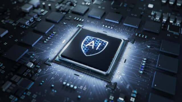 Dynamic Close-up of Laser Engraving on AI Accelerated Cyber Security Chip. Laser Engraves Shield Symbol on CPU Microchip Surface. Next Generation Cloud and Artificial Intelligence Solution