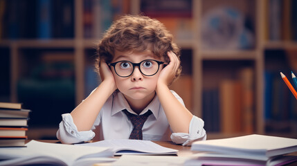 Young Child Sitting at Table, Studying with Bored and Surprised Expression