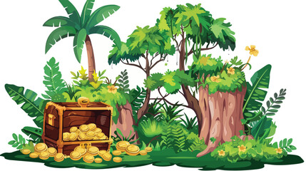 cartoon summer scene with deep forest and treasure