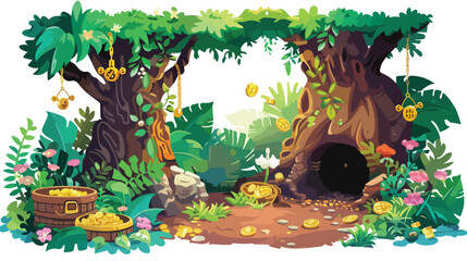cartoon summer scene with deep forest and treasure