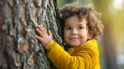 Child embraces tree outdoors promoting love for nature and combating climate change. Concept Nature Photography, Environmental Awareness, Outdoor Adventures, Childhood Memories, Sustainable Living