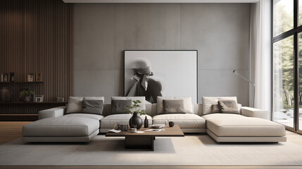 Luxurious Modern Living Room with Long Sofas and Artwork