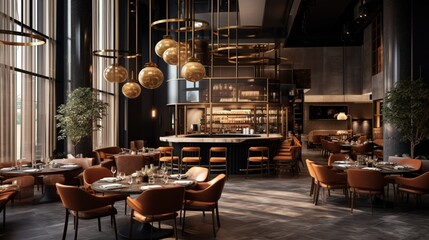 A modernist restaurant with a mix of industrial and luxurious elements