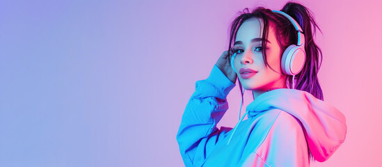 Teen girl wearing headphones, listening music. Ultraviolet background.