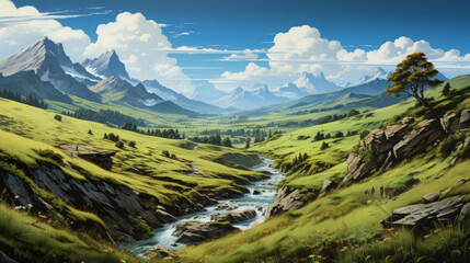 Exploring the Majestic Beauty of Mountain Landscapes: A Summer Adventure in the Alps with Stunning Panoramic Views and Alpine Bliss, generative AI