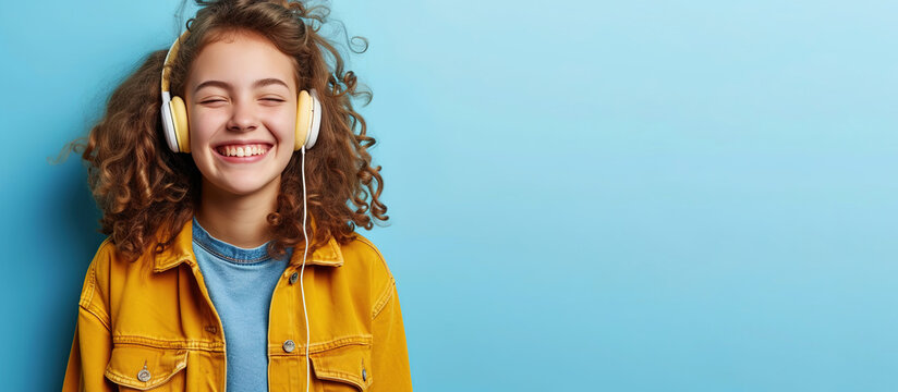Happy funny teen girl wearing headphones, listening music. Blue background.