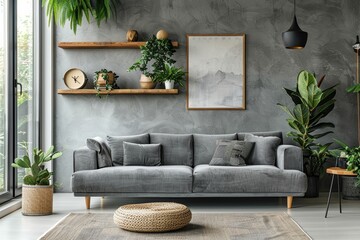 Living room in industrial style with plants, a concrete background wall and modern furniture.