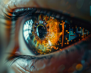 Extreme close-up of a robotic or bionic eye advanced