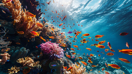 Fototapeta na wymiar Shoal of fish swimming in coral reefs of blue Red Sea.