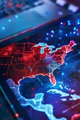 A conceptual image of digital tablets displaying red and blue states on a USA map. - obrazy, fototapety, plakaty