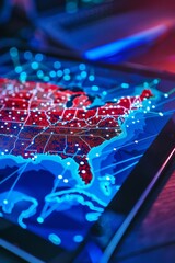 A conceptual image of digital tablets displaying red and blue states on a USA map. - obrazy, fototapety, plakaty