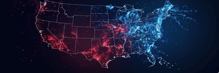 A map of the USA highlighted in red, blue, and white, pinpointing election hotspots. - obrazy, fototapety, plakaty