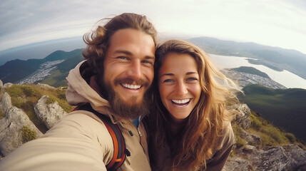 Happy Couple Trekking Reaches Mountain Summit, Taking Selfie: Adventure and Joyful Exploration