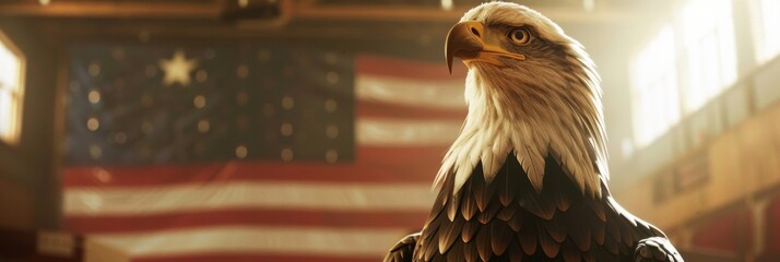 An eagle sculpture holding an American flag, with a voting booth in the background.