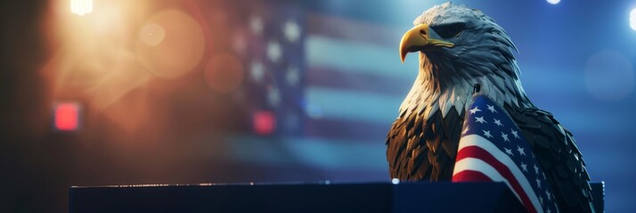 An eagle sculpture holding an American flag, with a voting booth in the background. - obrazy, fototapety, plakaty