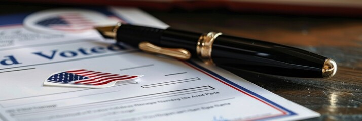 An elegant pen resting on a signed voter pledge form, with an "I Voted" sticker beside it. - Powered by Adobe