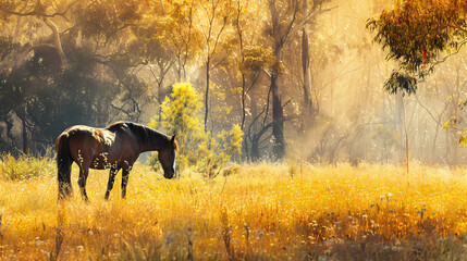 Single horse grazing in the outback in Brisbane. - obrazy, fototapety, plakaty
