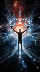 Illustration of Man with Arms Raised in Center of Universe, Symbolizing Interconnection with Nature and Cosmos